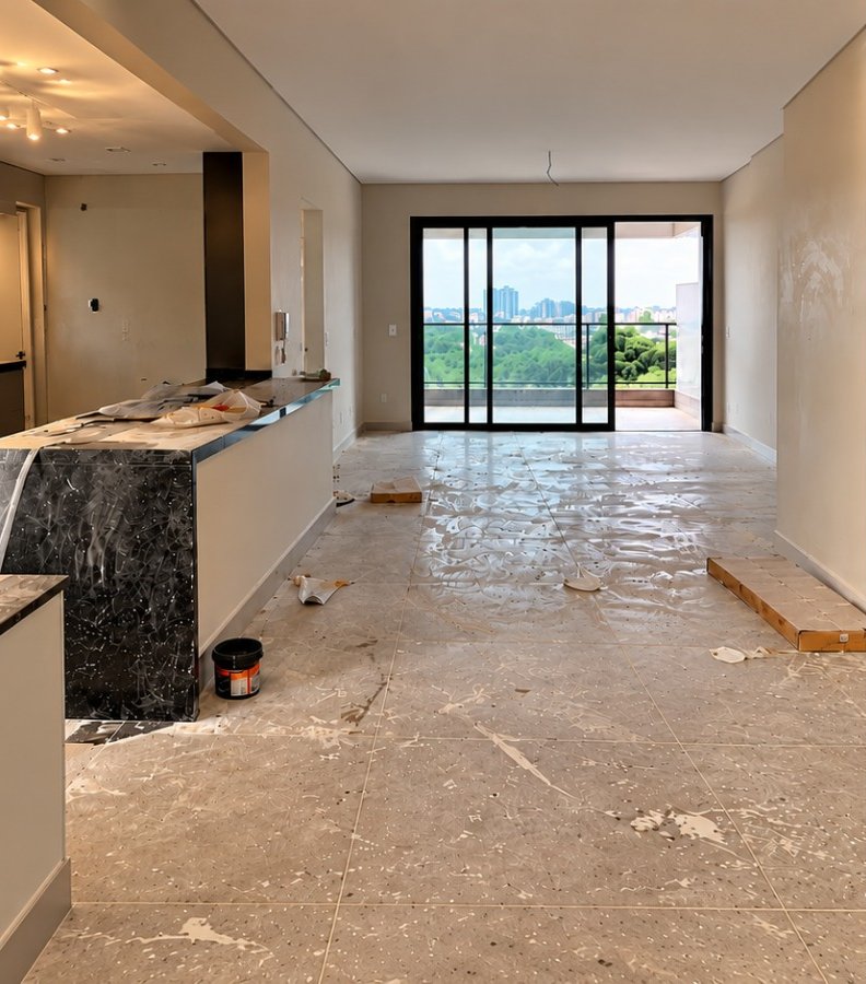 Antes - apartamento com resíduos de obra, tinta e entulho no piso