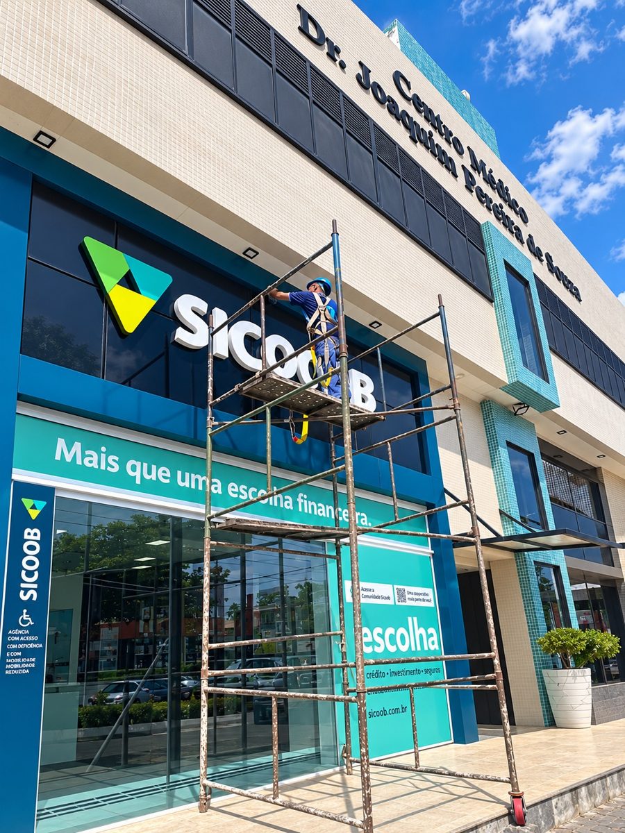 Profissional em andaime fazendo limpeza de fachada de agência bancária