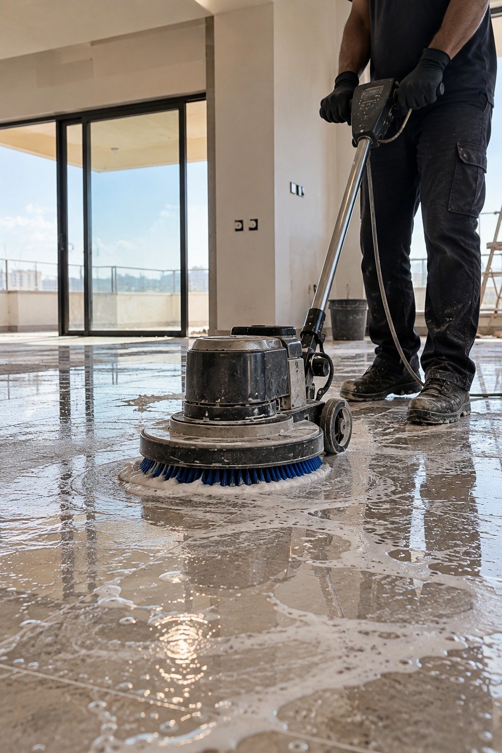 Profissional da Donna Clean lavando o piso com enceradeira em apartamento após a obra