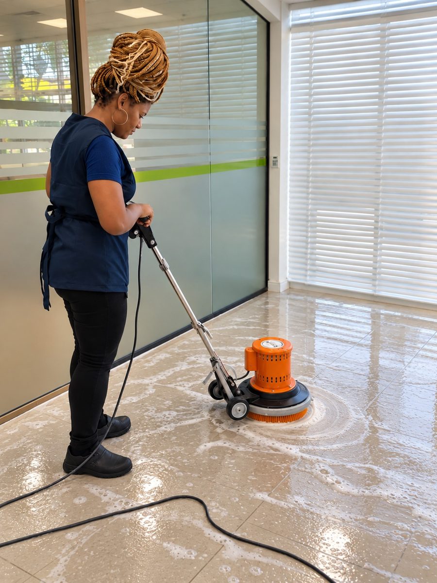 Profissional da Donna Clean lavando piso com enceradeira em escritório